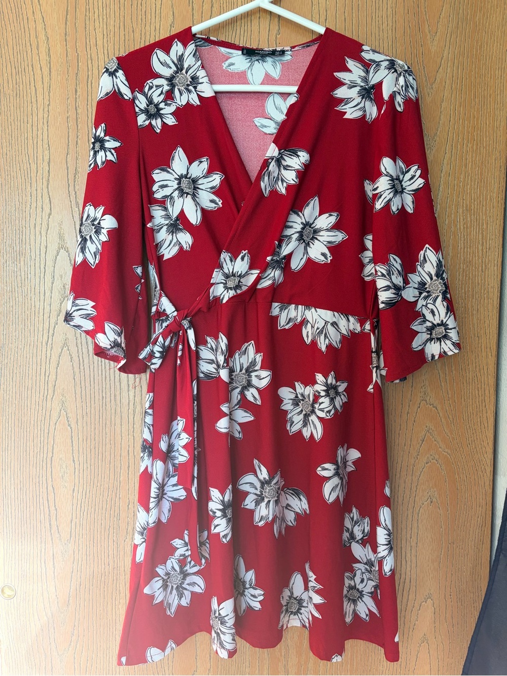 Mango Red Floral Wrap Mini Dress with Tie